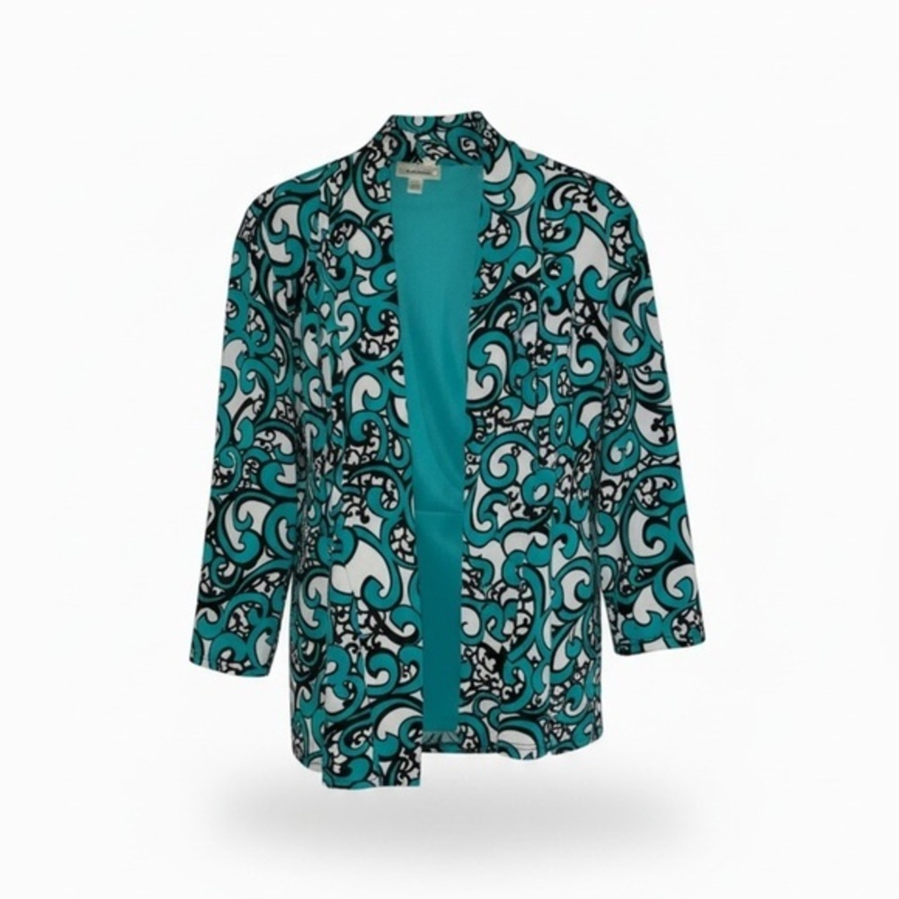 Dressbarn Teal & Black Swirl Print Open Front Cardigan Blazer Size M